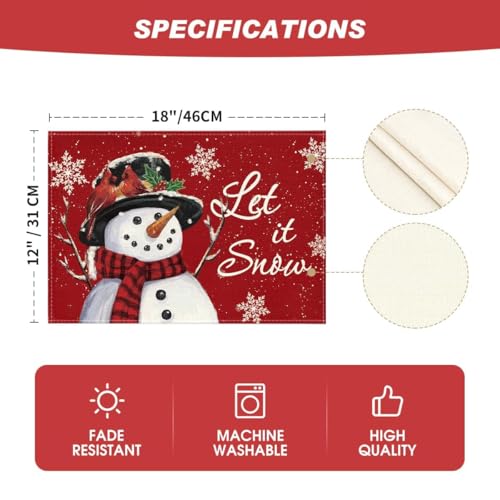 Artoid Mode 12x18 Red Snowman Placemats (Set of 6) Christmas Holiday Table Mats 12" x 18"