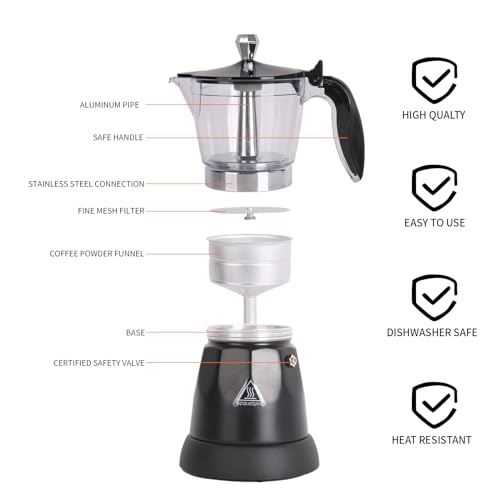 Electric Cuban Coffee Maker - 6-Cup Moka Pot with Transparent Top - Black