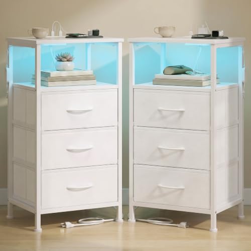 SONGMICS Nightstand with Charging Station, 3 Fabric Drawers, Cloud White & Snow White
