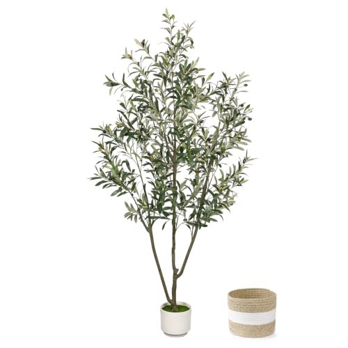 Artificial Olive Tree 6FT Green with Planter & Cotton Basket - Realistic Faux Indoor Plant