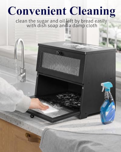 Kitsure Wooden Bread Box with 2-Tier Black Countertop Storage