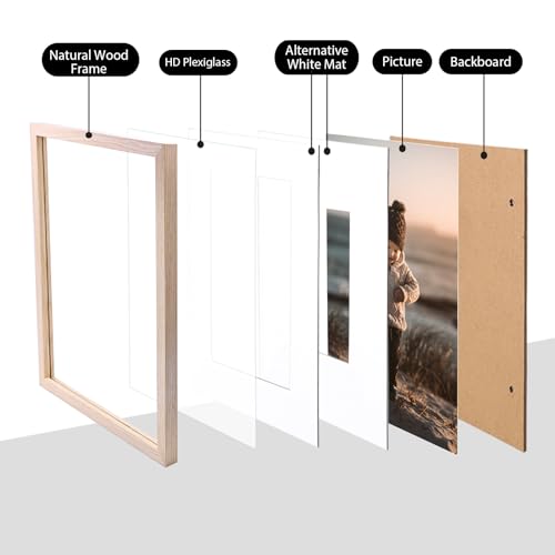 Natural Solid Wood 11x14 Picture Frame Set with Mat and Acrylic Plexiglass - Wall & Tabletop Display - Variation: Natural / 11x14