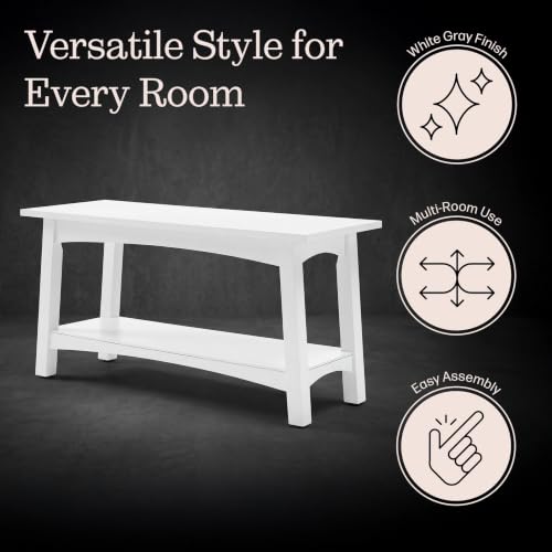 White Entryway Bench with Storage Shelf - 36-Inch Modern Farmhouse Shoe Organizer