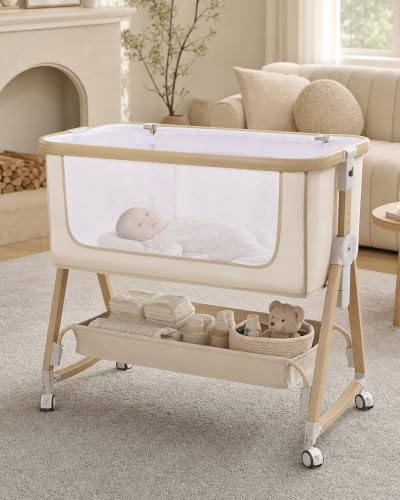 Baby Bassinet - Adjustable Bedside Sleeper with Mesh & Storage, Beige