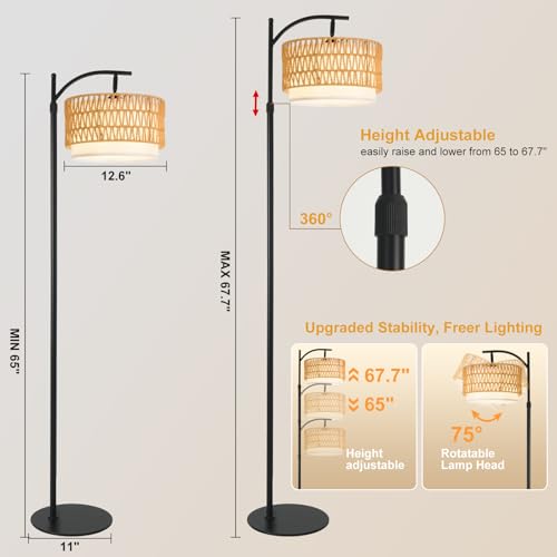 Country Black Rustic Farmhouse Floor Lamp with Woven Rattan Shade - 12W LED Dimmable Tall Standing Light for Living Room - DRAWNCAT