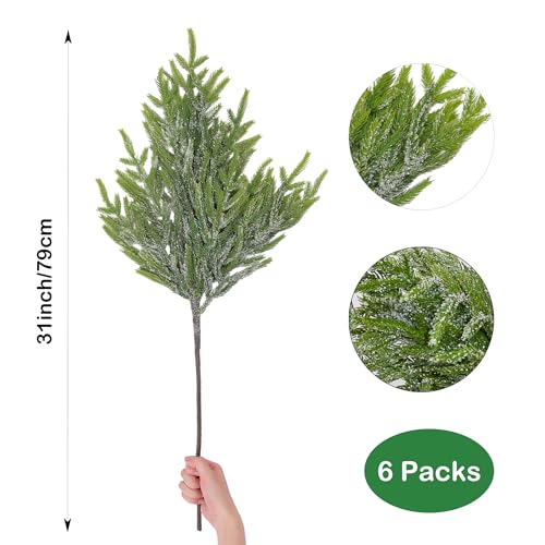 Green Moon 6PCS Norfolk Pine Branches with Artificial Snow - 31-inch Christmas Greenery for DIY Wreaths & Garland