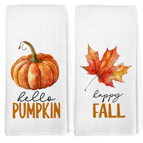 Dibor Fall Leaf Pumpkin Kitchen Towels Dishcloth Set of 2, Fall Gifts for Women, Burnt Orange Towels, Hello Pumpkin Autumn Leaf Decorative Dish Towel Hand Tea Towel for Bathroom Kitchen, 16x24 in