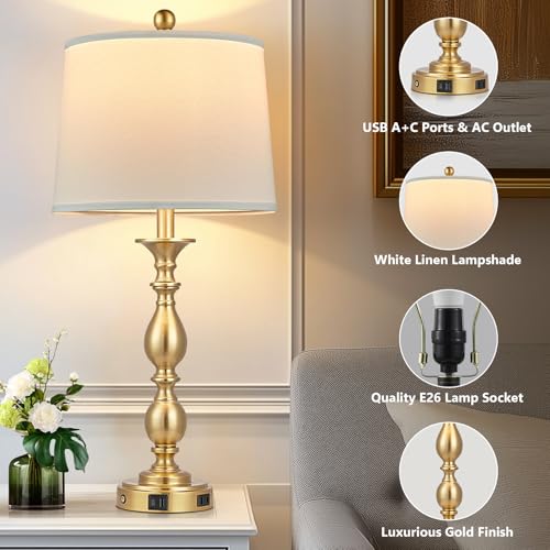 MOUVOVO 28-inch Gold Set of 2 Modern Touch Bedside Table Lamps with USB & Outlet, Farmhouse Nightstand Lamps for Bedroom & Living Room - Includes 2 LED Bulbs