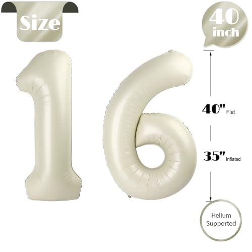 Cream Number 16 Balloon 40 inch, 16 Number Balloons, 16th Cream Birthday Decorations, 16 Year Old Girls Boys White Party Supplies