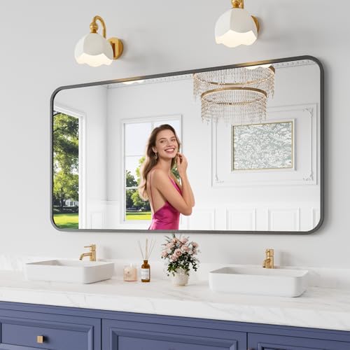 30x55 Inch Black Metal Framed Bathroom Mirror - Tempered Glass, Anti-Rust, Rounded Rectangle