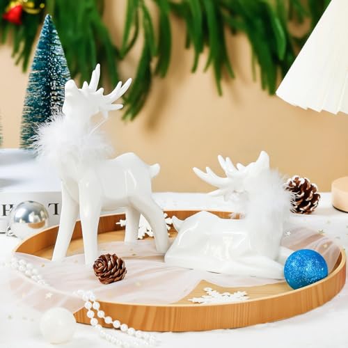 Ceramic Christmas Reindeer Figurines Set - White Deer Decor for Winter Holiday Tabletop