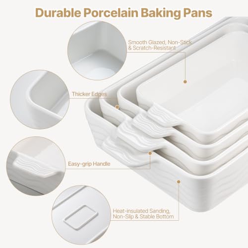 White Ceramic Casserole Dishes Set of 4 - Oven Safe Bakeware with Handles