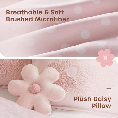 Kids Pink Floral Comforter Set - 4 Piece Queen Bedding with Polka Dot Reverse - Pink Variation