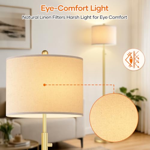 Dimmable Floor Lamp with Linen Shade - Gold Finish, Tall Standing Light, 11W LED Bulb Included, Modern Living Room & Bedroom Decor - Gold Line Shade