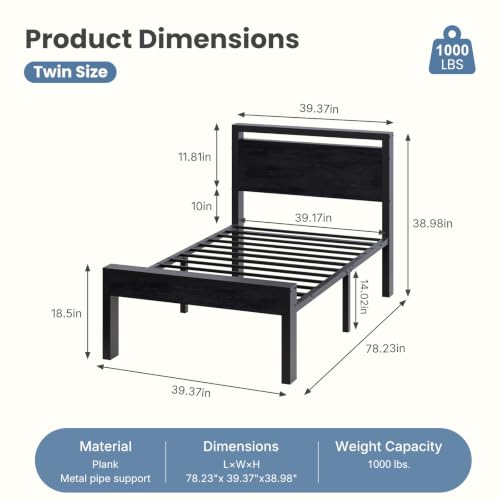 Black Oak 14 Inch Twin Metal Bed Frame with Wooden Headboard - Heavy Duty, Storage, Noise-Free