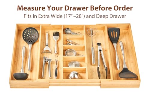 Adjustable Bamboo Kitchen Drawer Organizer for Utensils - 17 to 28 Inch, Extra Large, Flatware Tray