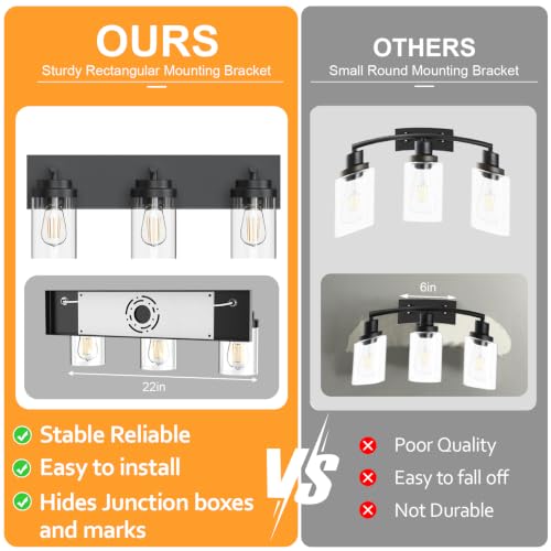 IZORRO 22 Inch Black Bathroom Vanity Light Fixture 3-Light Over Mirror with Clear Glass Shades - Modern Farmhouse Style