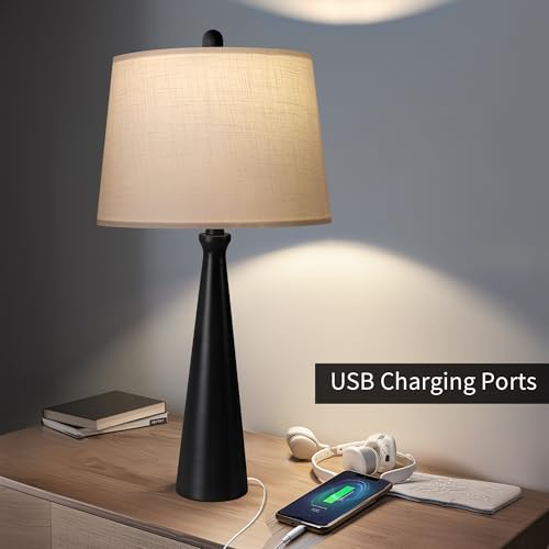 Black 25.75 Inch Table Lamps Set of 2 with USB Charging, Dimmable Touch Control, Modern Fabric Shade for Living Room & Bedroom