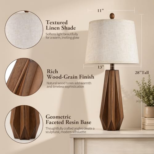 Brown 28-Inch Set of 2 Modern Wooden Base Table Lamps for Living Room & Bedroom - Geometric Design