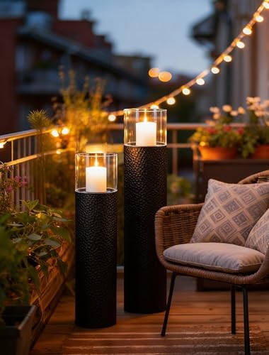 Sziqiqi Tall Floor Candle Holders Set - 27.95in & 34.65in Black Hurricane Pillar Candle Holders with Glass, Modern Home Decor