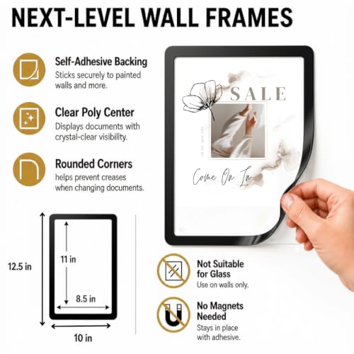 Fodeez Black 8.5 x 11 Self-Adhesive Wall Frames Pack of 5 – Reusable Dry Erase Protector