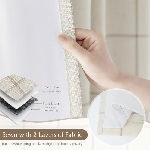 Taupe Blackout Linen Curtains 52x84 Inches, Pack of 2, Rustic Plaid Design