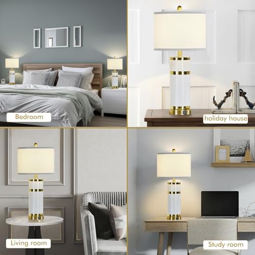 Creamy White 28-Inch Ceramic Bedside Table Lamps Set of 2 with Gold Accents