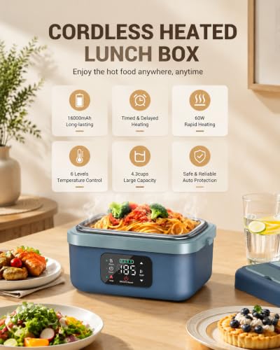VASG Bluegreen Cordless Heated Lunch Box with 4.3-Cup Steel Container & Accessories