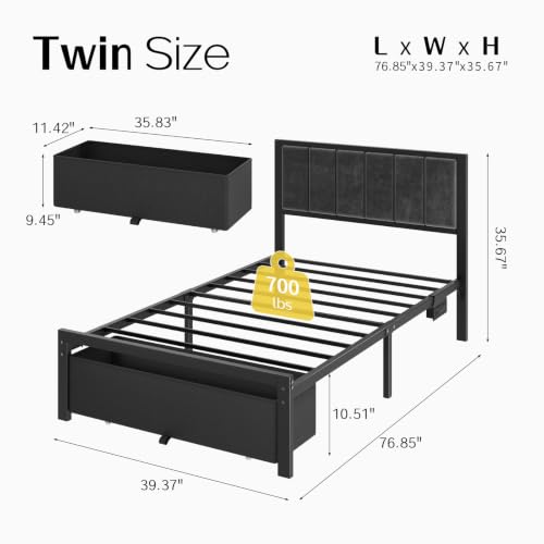OLEVS Twin Size Bed Frame with Large Storage Drawer, Charging Station & RGB LED Lights - Dark Grey