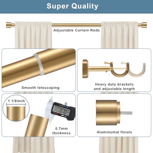 Heavy-Duty 1 1/8 Inch Diameter Telescoping Curtain Rod with Adjustable Brackets - Warm Gold, 144-240"