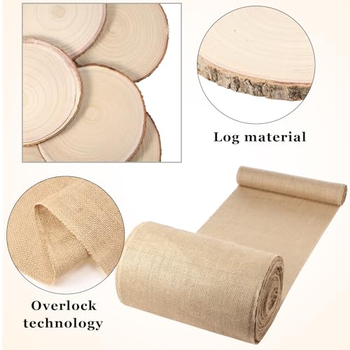 Tioncy 12 Pcs Burlap Table Runner & Wood Slices Set 100ft – Rustic Farmhouse Decor