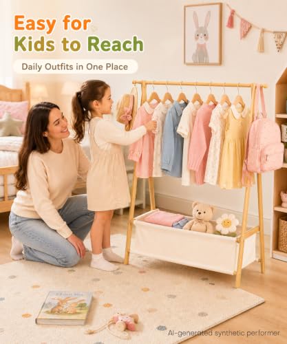 Homde Bamboo Kids Clothes Rack 66 lb Capacity Foldable Wardrobe Organizer