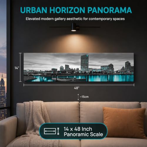 Milwaukee Skyline Canvas Wall Art Decor 14x48in Framed Panoramic City