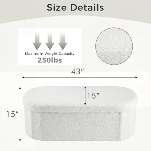 Oval Storage Ottoman Bench - White Teddy Fabric, 43 Inch Variation