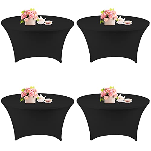 Black 5FT Round Spandex Tablecloth - Stretchable, Washable, Fitted for Wedding & Party Tables - 4 Pack
