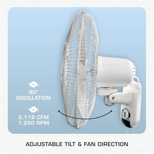 Hurricane Classic 16-Inch Wall Mount Oscillating Fan - 3 Speeds, White, 2 Pack