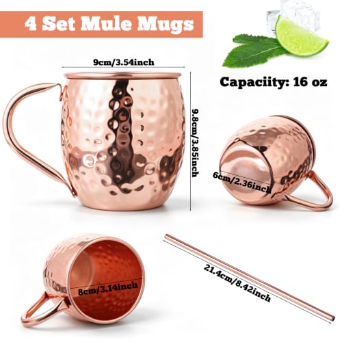 Copper Moscow Mule Mugs Set of 4 - 16oz Hammered Copper Cups with Handles