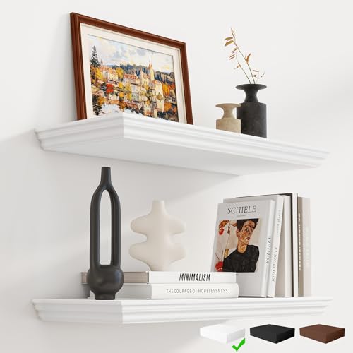 Fun Memories 24-Inch White Crown Molding Floating Shelves Set of 2 Wall Decor