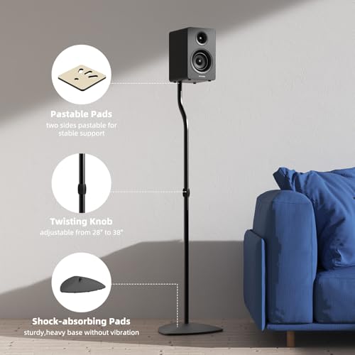 Adjustable Speaker Stands Pair - Universal Satellite & Bookshelf Speakers, 28-38 Inches, Home Theater Audio Support