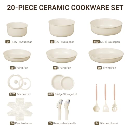 20-Piece Ceramic Nonstick Cookware Set with Removable Handles – Kitchen Pots & Pans