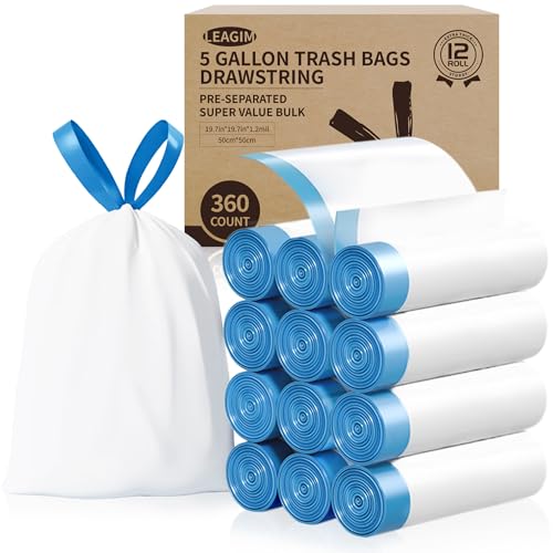 LEAGIM 5 Gallon Trash Bags 360 Count - Thick Drawstring Garbage Liners for 18L Bins