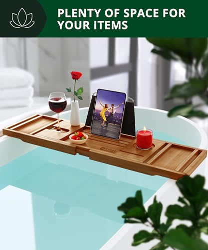 Brown Expandable Wooden Bathtub Caddy with Book & Wine Glass Holders