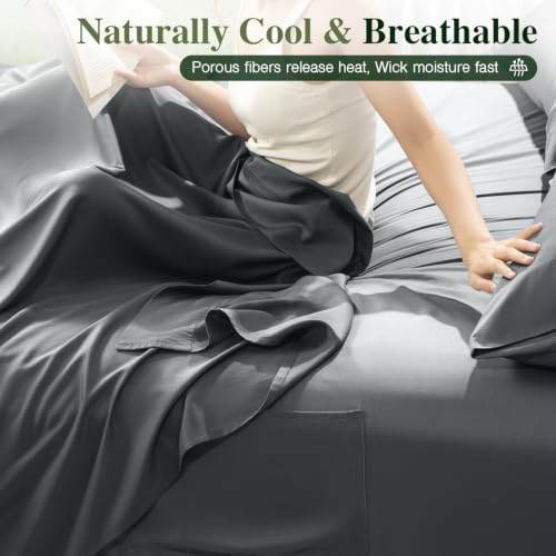 Queen Organic Bamboo Viscose Bed Sheets Set with Deep Side Pockets - Dark Grey, 16" Fit