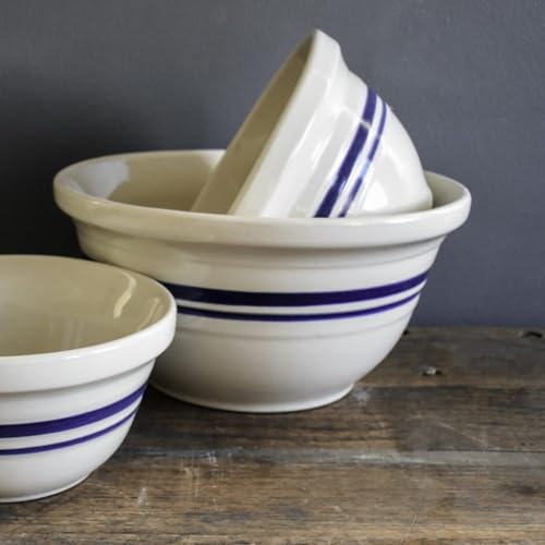 12-Inch Stoneware Mixing Bowl with Blue Stripe - Food Safe Dishwasher Safe