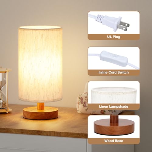 Fenmzee Cream Shade Small Desk Lamps Set of 2 with Walnut Bases, 9-Inch, Inline Control