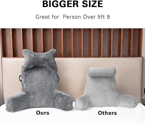 Extra Large Reading Pillow with Neck Roll - Dark Grey Bed Rest Cushion for Bed & Couch