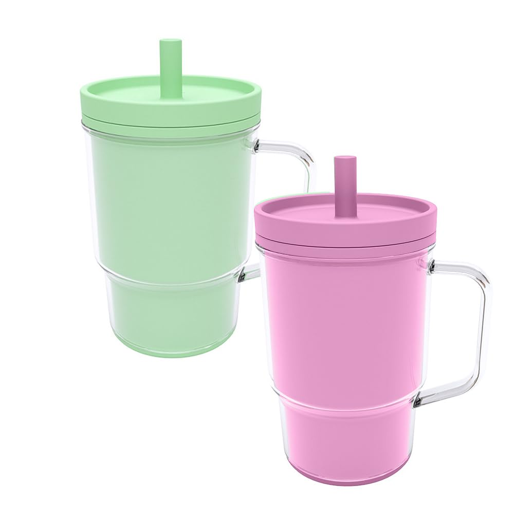 JIUHCORY Kids BPA-Free Plastic Tumbler with Spill Resistant Flexible Straw, Easy to Clean, Kids Water Bottle, Great for Travel, Dishwasher Safe, Orange Peach and Watermelon(1 Green &1 Pink)