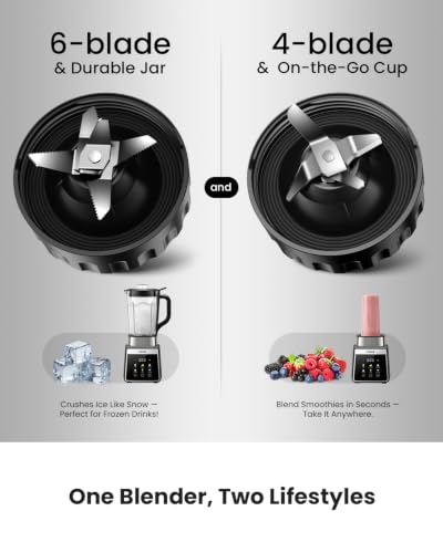 1300W Heavy Duty Blender with 6 Presets, 74oz & 22oz Capacity, Ice Crushing