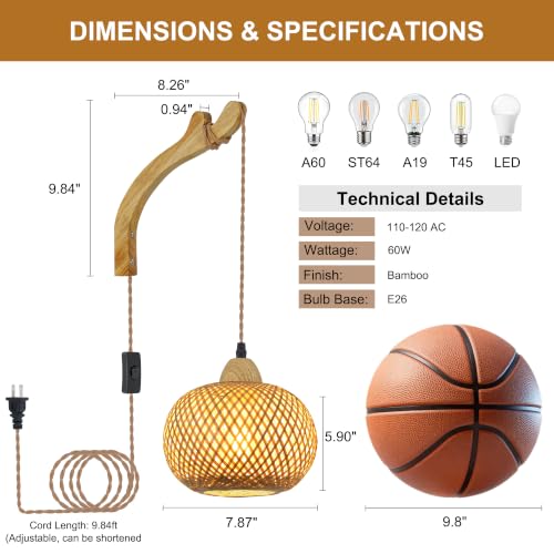 Orange Bamboo Wall Sconce - Hand Woven Rattan Farmhouse Wall Lamp with Plug-in Cord