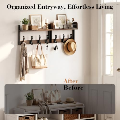 Brown 29-Inch Wall Mount Coat Rack with Shelf and 11 Hooks - 4 in 1 Entryway Organizer